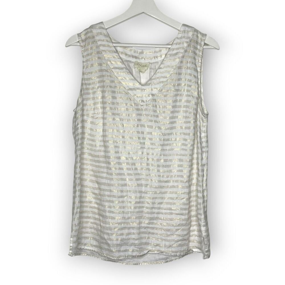 Lucy & Laurel Metallic Stripe 100% Linen Tank Gold and White Women’s Size Large